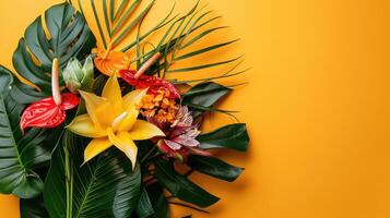 Tropical Flowers and Leaves on a Yellow Background photo
