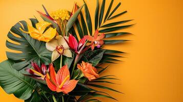 Tropical Flowers and Leaves on Yellow Background photo