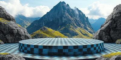Checkered Platform in a Mountainous Landscape photo