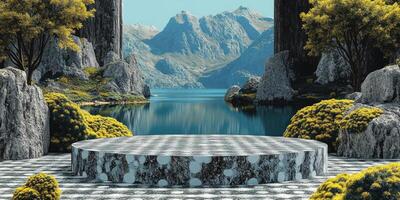 A Circular Platform Between Rocky Cliffs and a Mountain Lake photo