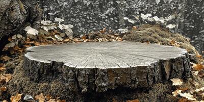 A Weathered Tree Stump with Dried Leaves photo