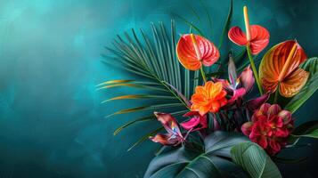 Vibrant Tropical Flowers and Lush Greenery on a Teal Background photo