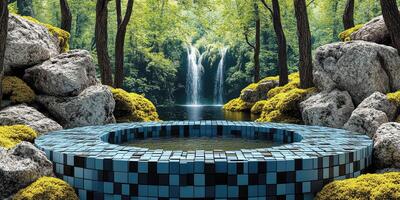 Circular Pool in a Tranquil Forest Setting with a Waterfall in the Background photo