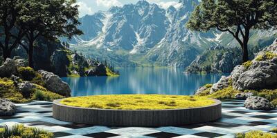 Stone Platform with Grass Overlooking a Mountain Lake photo