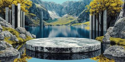 Stone Platform in a Mountain Lake with Autumn Trees photo