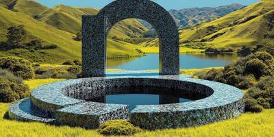 A Stone Archway Framing a Mountainous Landscape with a Lake photo