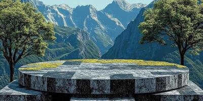 Stone Platform with Green Grass and Mountain Background photo