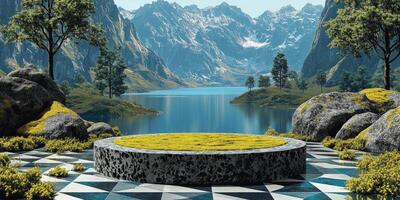 Circular Stone Platform with Grass and Mountain View photo