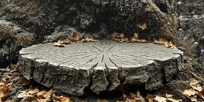 Tree Stump with Cracked Surface and Autumn Leaves photo