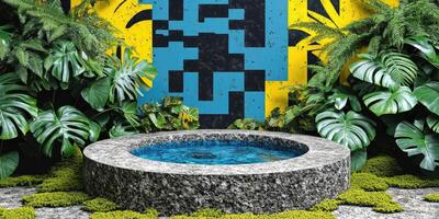 Circular Stone Pool with Blue Water Surrounded by Lush Green Plants and a Yellow and Blue Geometric Wall photo