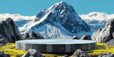 Concrete Platform Surrounded by Snowy Mountains and Yellow Flowers photo