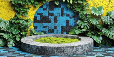Circular Stone Platform with Green Moss and Tropical Leaves against a Yellow and Blue Wall photo