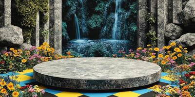 Stone Podium Surrounded by Flowers and Waterfall Scene photo