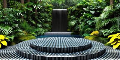 A circular platform with checkered tiles, surrounded by lush greenery and a waterfall. photo