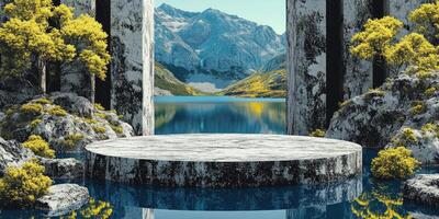Circular Stone Platform with Mountain Lake and Trees photo