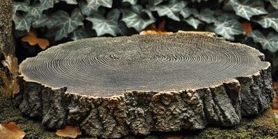 Close-up of Tree Trunk Cross-Section with Visible Growth Rings and Rough Bark photo