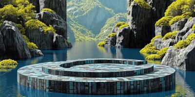 Stone Platform in a Mountain Lake with Lush Green Foliage photo