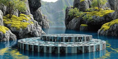 A Circular Stone Platform in a Tranquil Mountain Lake photo