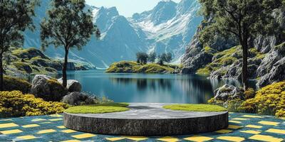 Stone Platform With Grass Against a Mountainous Lake Landscape photo