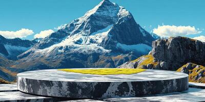 Stone Platform with Grass Patch in Front of a Mountain Range photo