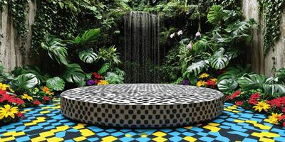 Stone Platform in a Lush Tropical Setting with a Waterfall photo
