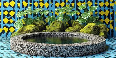 Circular Stone Pond with Moss and Tropical Plants against Geometric Wall photo