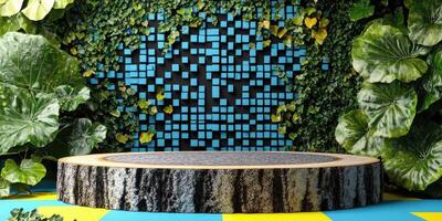 Wooden Tree Trunk Platform with Green Foliage and Blue Tiles photo