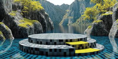 Stone Platform in Mountain Lake with Green Trees photo