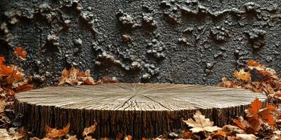 A Tree Stump Surrounded by Fallen Autumn Leaves photo
