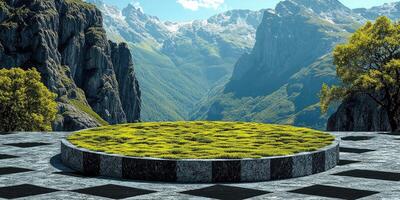 Circular Mossy Platform with Mountainous Landscape Background photo