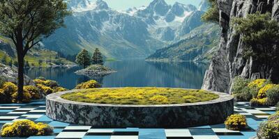 Stone Platform with Grass and Flowers Overlooking a Mountain Lake photo
