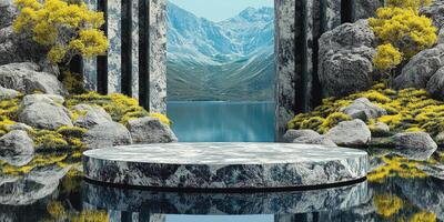Stone Platform with Mountain, Lake, and Yellow Flowers photo