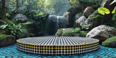 Checkered Platform in a Lush Tropical Forest with a Waterfall photo
