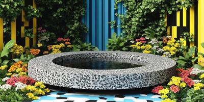 Stone Basin with Water Surrounded by Flowers and Geometric Walls photo