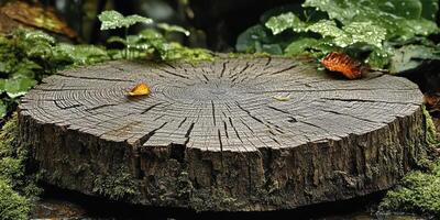A Weathered Tree Stump with Dried Leaves and Lush Greenery photo