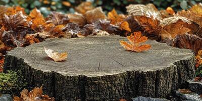 Tree Stump with Autumn Leaves and Moss photo