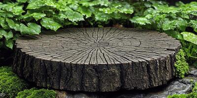 A weathered tree stump surrounded by lush green foliage photo