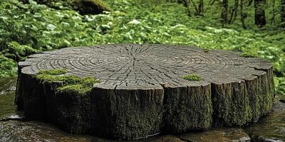 A weathered tree stump with moss, surrounded by lush green foliage photo