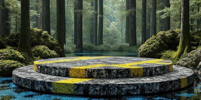 Stone Platform with Yellow Stripes in a Mystical Forest photo