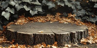 Tree Stump Surrounded by Fallen Autumn Leaves photo