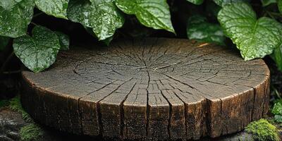 Close-up of a Weathered Tree Stump with Green Foliage photo