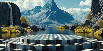 Checkerboard Platform Surrounded by Mountainous Lake photo