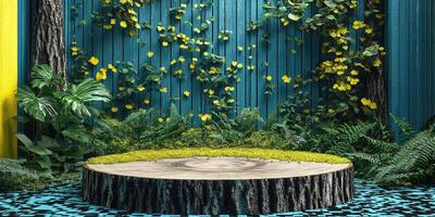 Tree Stump Platform with Green and Yellow Foliage and Blue Checkered Floor photo