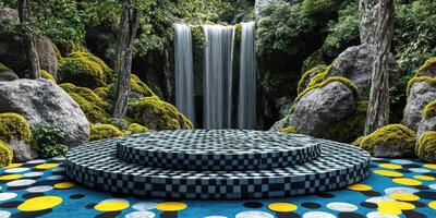 Checkerboard Platform Before Waterfall in Lush Forest photo