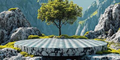 Circular Stone Platform Amidst Mountains and a Tree photo