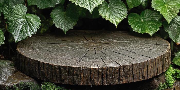 A Tree Stump With a Ring Pattern in a Green Foliage Setting photo