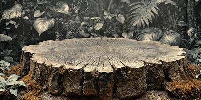 A weathered tree stump with a smooth, circular surface against a dark, leafy backdrop. photo