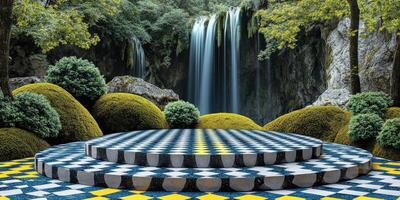 Checkered Stone Platform in Front of a Waterfall photo