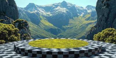 Checkerboard Platform with Grass Top in Mountainous Landscape photo