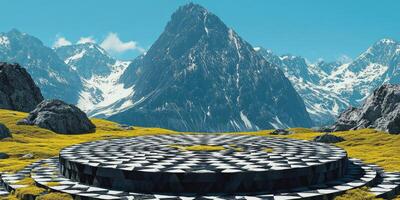 Black and White Stone Platform in Front of Snowy Mountain Range photo